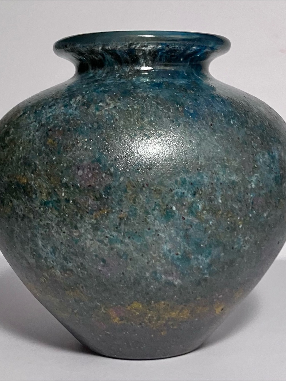 Vintage HANDBLOWN GLASS Vase / GREY & TEAL Mottled / ROUGH Metallic TEXTURE